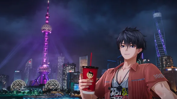 The Captain with a drink against a brightly lit city skyline at night.