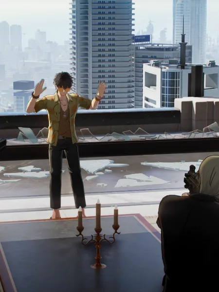 The Captain standing on a rooftop overlooking the city.