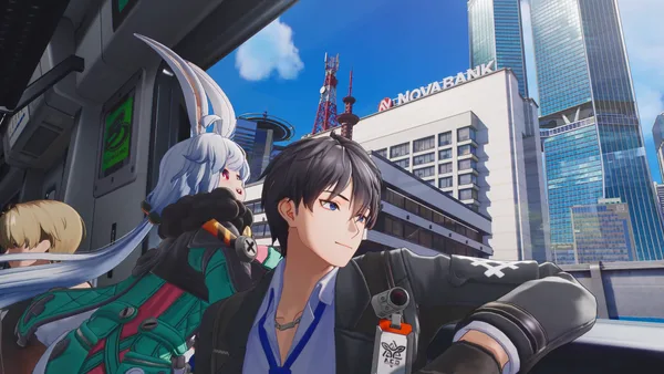 Captain riding with Taffy beneath an elevated road, with blue sky and Nova Bank behind them.