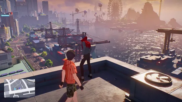Two people standing on a rooftop overlooking Nova City and its sunlit harbour.
