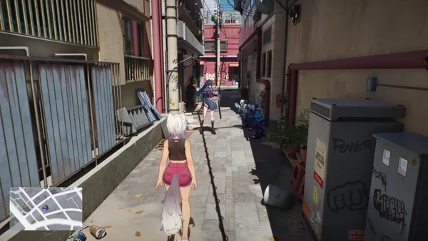 A white-haired character with a long furry tail walking through a narrow city alley toward other people.