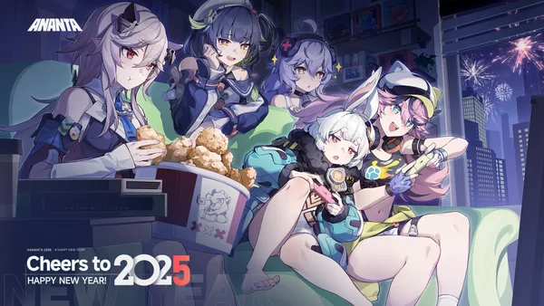 Official ANANTA New Year illustration with characters celebrating under city fireworks.