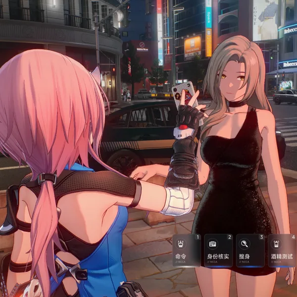 Two characters talking beside a car at night.