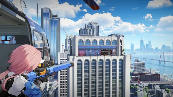 Richie aiming across a city skyline from an elevated position.