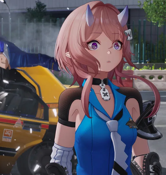 A close view of Richie in a blue outfit beside a vehicle.