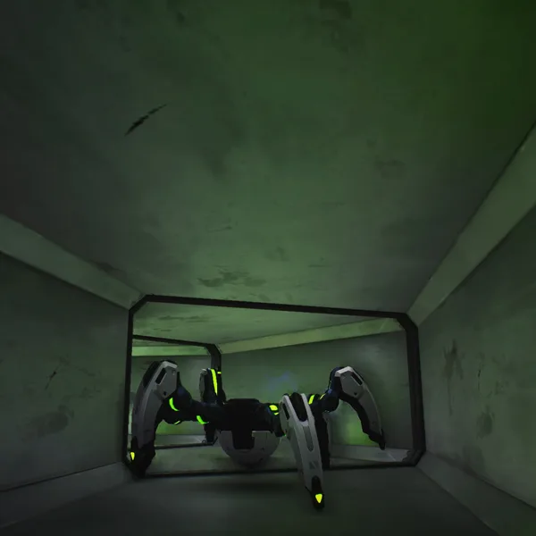 A small vehicle parked in a green-lit stairwell.
