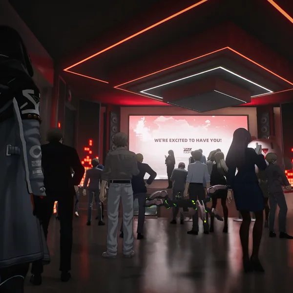 People gathered in a nightclub under red overhead lights.