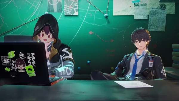 The masked Seymour behind a sticker-covered laptop beside Captain, with a green map wall behind them.