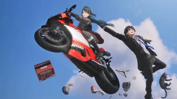 Two characters airborne beside a red motorbike against a blue sky.
