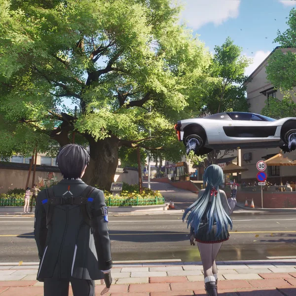 Two characters walking along a leafy urban street.