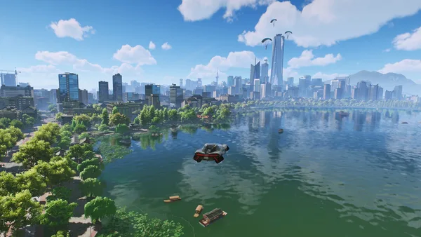 An ANANTA lakeside skyline with green banks and small boats.