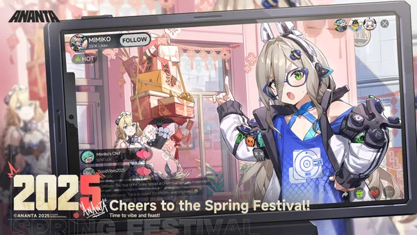 Official Spring Festival illustration showing a Mimiko livestream at Dream Garden.