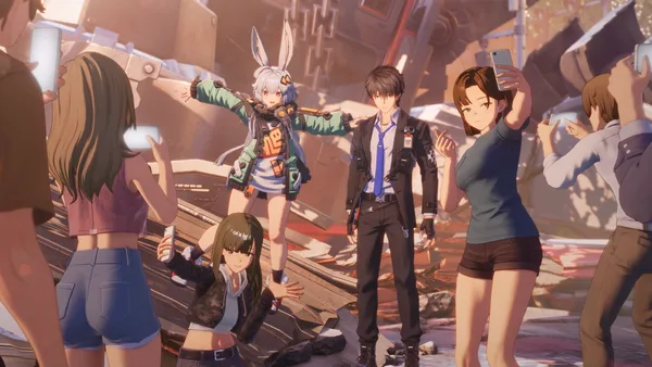 A group of ANANTA characters gathered along a busy shopping street.