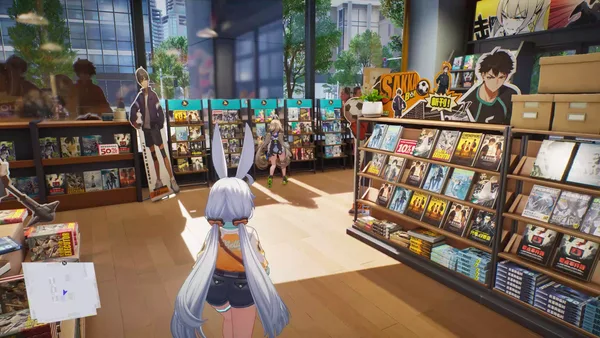 Taffy walking into a sunny bookshop, surrounded by comics, magazines and character standees.