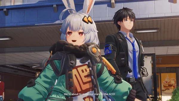 Taffy in a green jacket standing beside Captain on a sunny Nova City street.