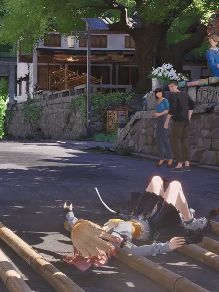 A person lying on a village street, with people and buildings behind them.